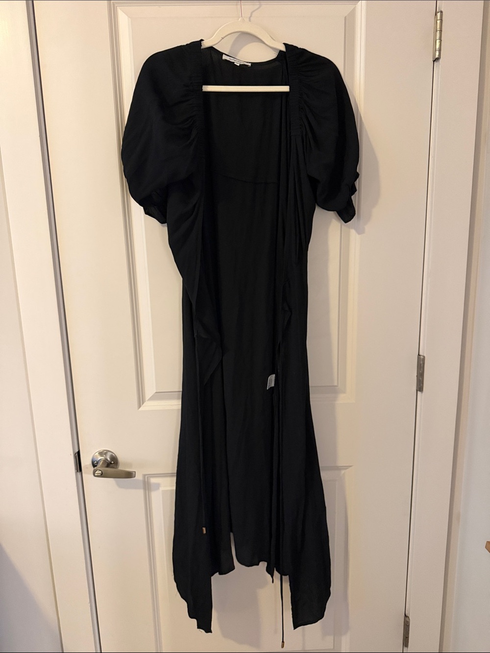 Black Wrap Puff-Sleeve Long Open Dress